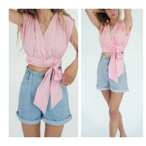 Zara Paperbag Bermuda Denim Jean Shorts High Rise Waist Cuffed Light wash 4 NWT